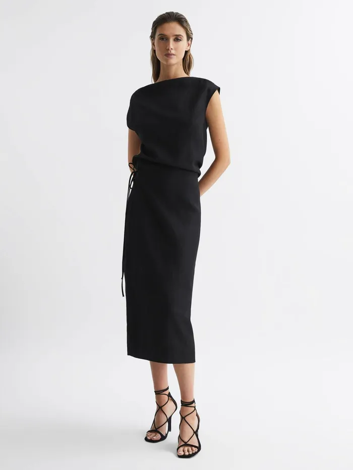 Reiss Dresses Paloma Linen Blend OpenBack Midi Dress Black 8211 Women