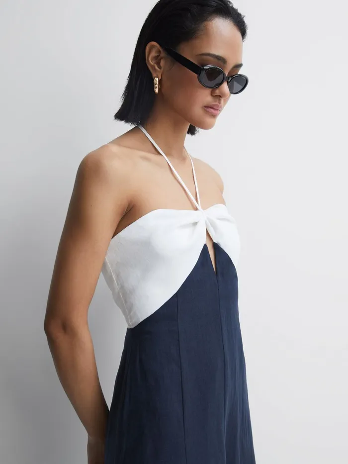 Reiss Dresses Sian Linen Colour Block Midi Dress Navywhite 8211 Women
