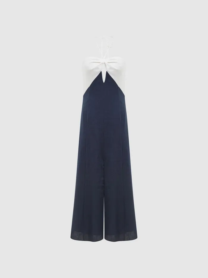 Reiss Dresses Sian Linen Colour Block Midi Dress Navywhite 8211 Women