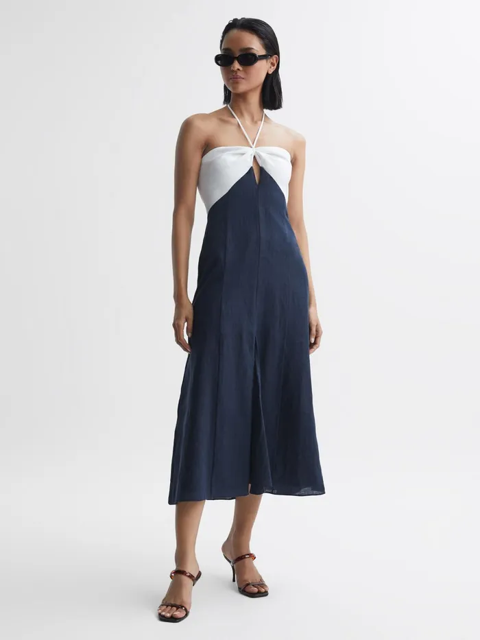 Reiss Dresses Sian Linen Colour Block Midi Dress Navywhite 8211 Women