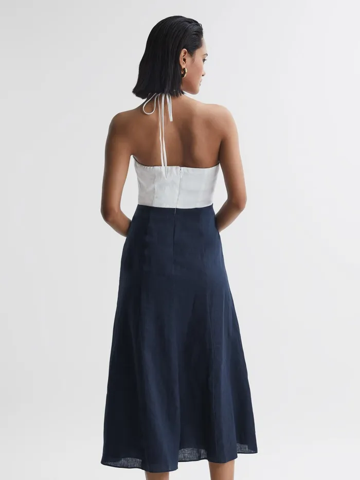 Reiss Dresses Sian Linen Colour Block Midi Dress Navywhite 8211 Women