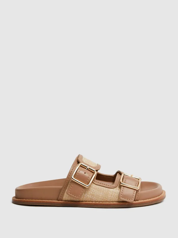Reiss Flats Ezra Raffia Leather Sliders Natural 8211 Women