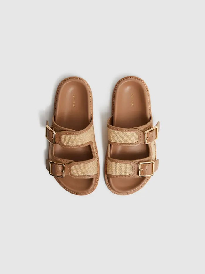 Reiss Flats Ezra Raffia Leather Sliders Natural 8211 Women