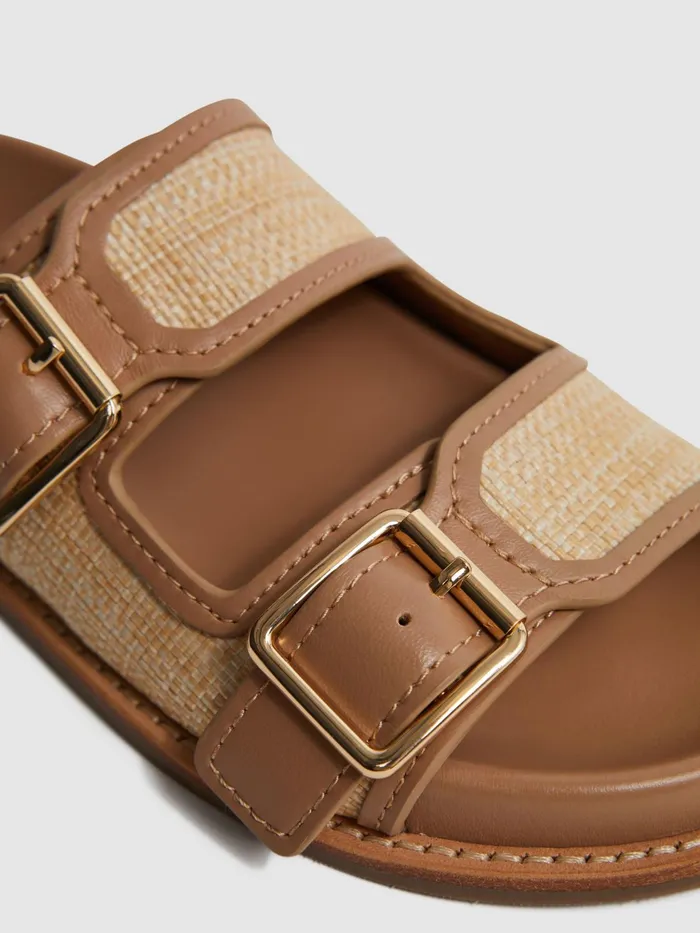 Reiss Flats Ezra Raffia Leather Sliders Natural 8211 Women