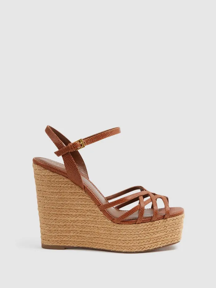 Reiss Heels Elle Leather Raffia Platform Wedge Heels Black 8211 Women
