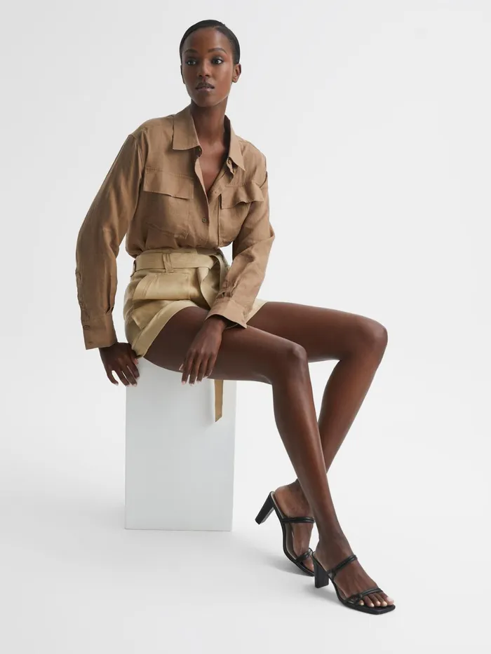 Reiss Heels Emmy Leather Strappy Block Heels Almond 8211 Women