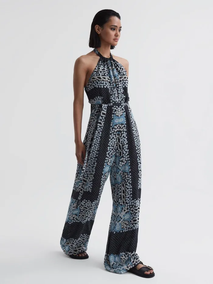 Reiss Jumpsuits Cassis Floral Print Wide Leg Jumpsuit Navy 8211 Women