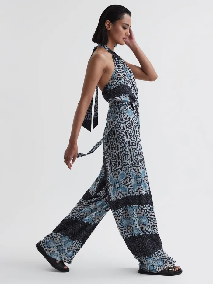 Reiss Jumpsuits Cassis Floral Print Wide Leg Jumpsuit Navy 8211 Women