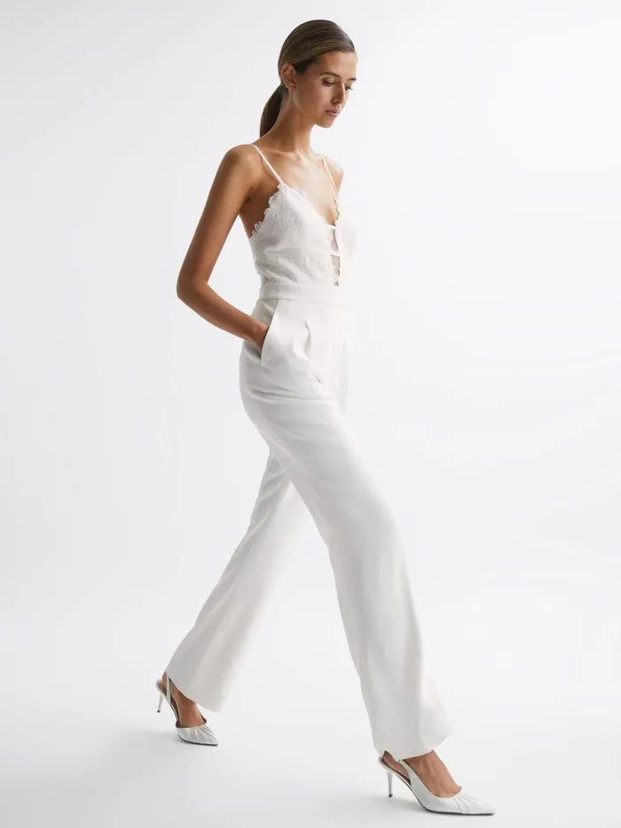 Reiss Jumpsuits Cora Lace Plunge Neck Jumpsuit Ivory 8211 Women