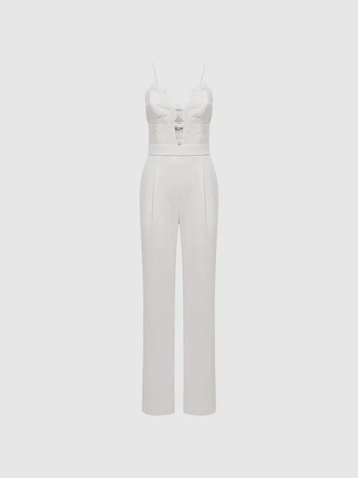 Reiss Jumpsuits Cora Lace Plunge Neck Jumpsuit Ivory 8211 Women