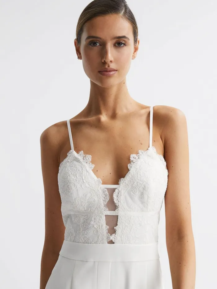 Reiss Jumpsuits Cora Lace Plunge Neck Jumpsuit Ivory 8211 Women