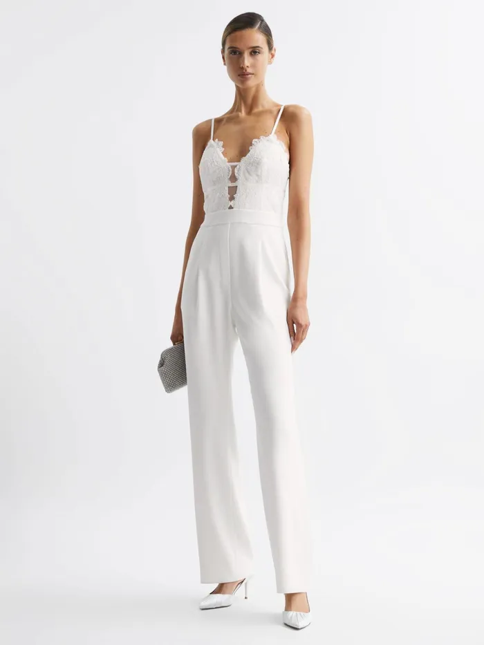 Reiss Jumpsuits Cora Lace Plunge Neck Jumpsuit Ivory 8211 Women