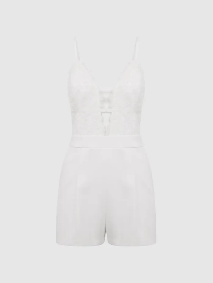 Reiss Jumpsuits Daphine Lace Plunge Neck Playsuit Ivory 8211 Women