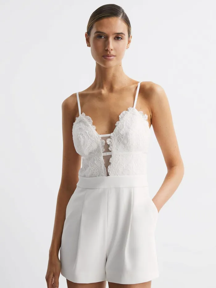 Reiss Jumpsuits Daphine Lace Plunge Neck Playsuit Ivory 8211 Women