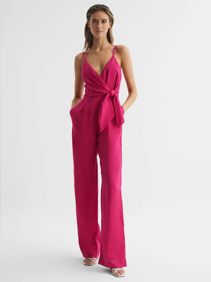 Reiss Jumpsuits Emilia VNeck Linen Jumpsuit Pink 8211 Women