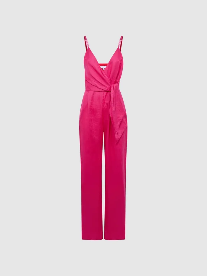 Reiss Jumpsuits Emilia VNeck Linen Jumpsuit Pink 8211 Women