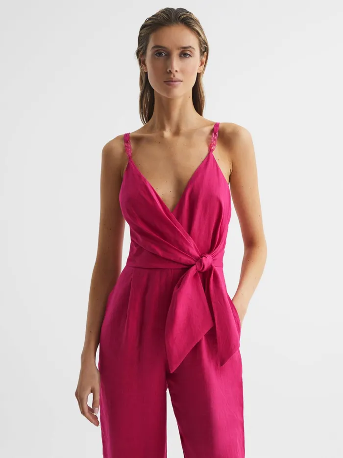 Reiss Jumpsuits Emilia VNeck Linen Jumpsuit Pink 8211 Women