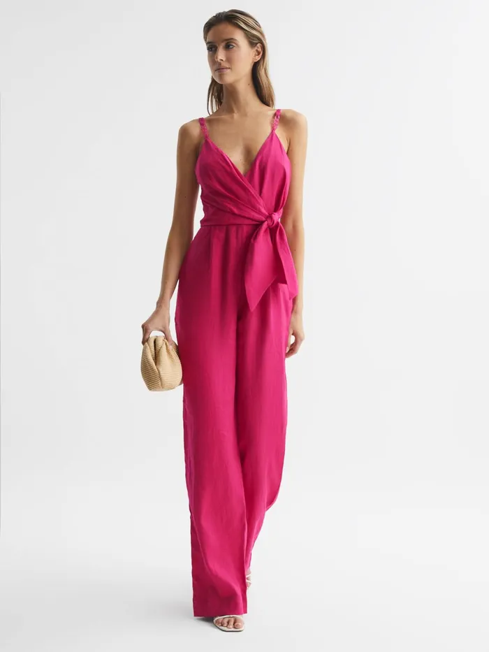 Reiss Jumpsuits Emilia VNeck Linen Jumpsuit Pink 8211 Women