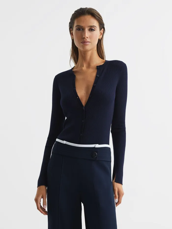 Reiss Knitwear Arabella Silk Wool Blend Ribbed Cardigan Navy 8211 Women