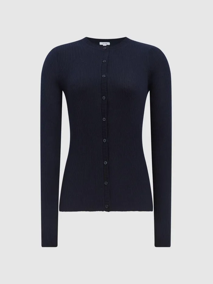 Reiss Knitwear Arabella Silk Wool Blend Ribbed Cardigan Navy 8211 Women