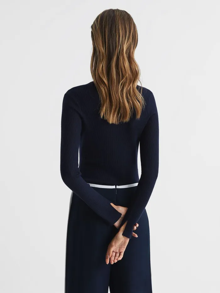 Reiss Knitwear Arabella Silk Wool Blend Ribbed Cardigan Navy 8211 Women