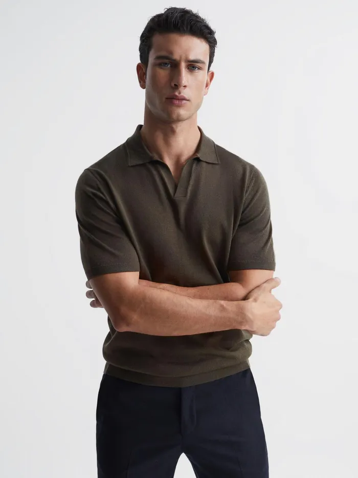 Reiss Knitwear Duchie Merino Wool Open Collar Polo Shirt Azure 8211 Men