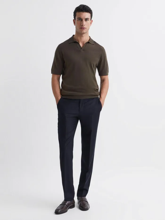 Reiss Knitwear Duchie Merino Wool Open Collar Polo Shirt Azure 8211 Men