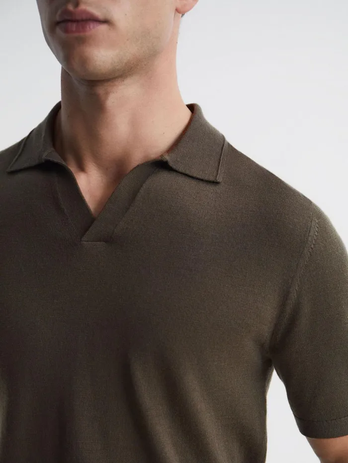 Reiss Knitwear Duchie Merino Wool Open Collar Polo Shirt Azure 8211 Men