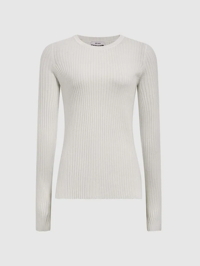 Reiss Knitwear Elle Slim Fit Ribbed Crew Neck Split Sleeve Jumper Cream 8211 Women