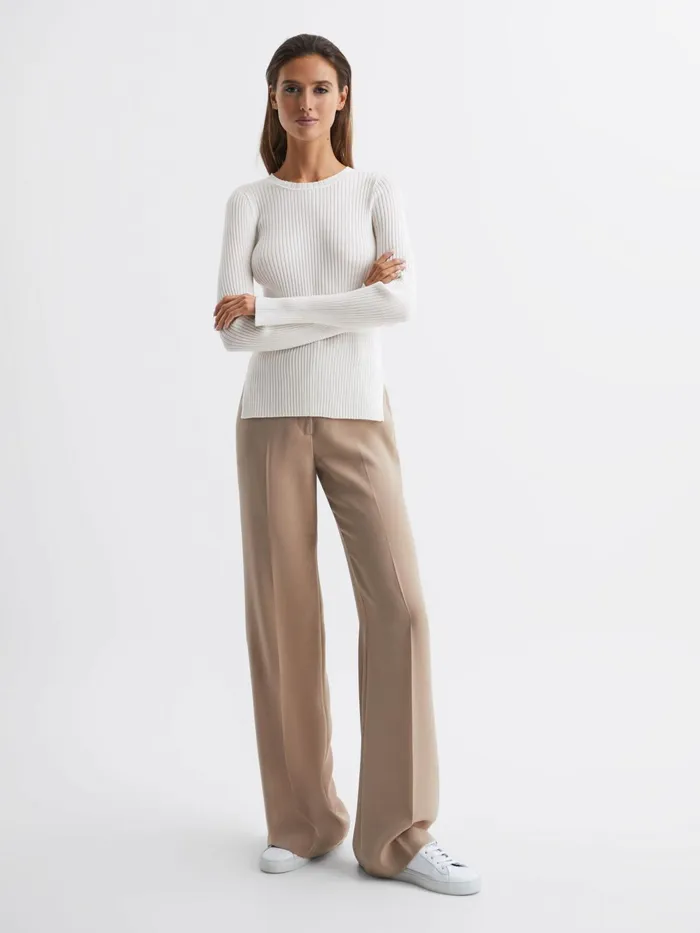Reiss Knitwear Elle Slim Fit Ribbed Crew Neck Split Sleeve Jumper Cream 8211 Women