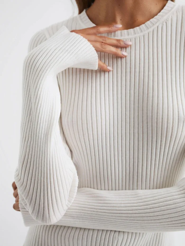 Reiss Knitwear Elle Slim Fit Ribbed Crew Neck Split Sleeve Jumper Cream 8211 Women