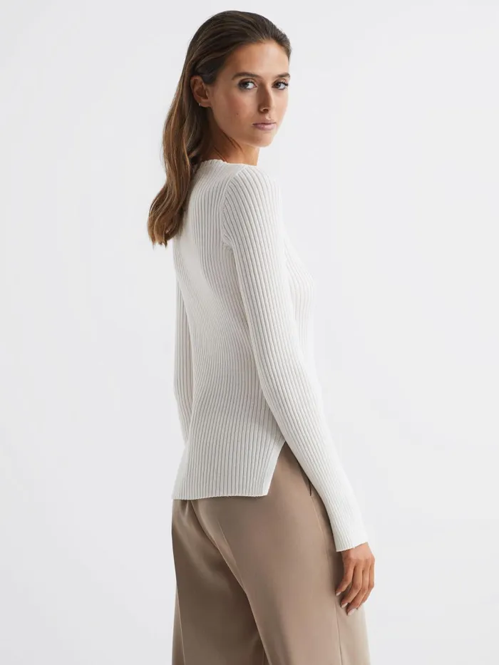 Reiss Knitwear Elle Slim Fit Ribbed Crew Neck Split Sleeve Jumper Cream 8211 Women
