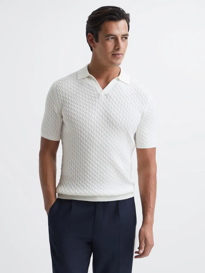 Reiss Knitwear Federico Slim Fit Cable Knit Open Collar Polo Shirt Ecru 8211 Men
