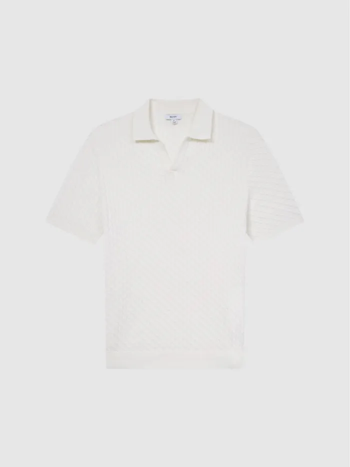 Reiss Knitwear Federico Slim Fit Cable Knit Open Collar Polo Shirt Ecru 8211 Men