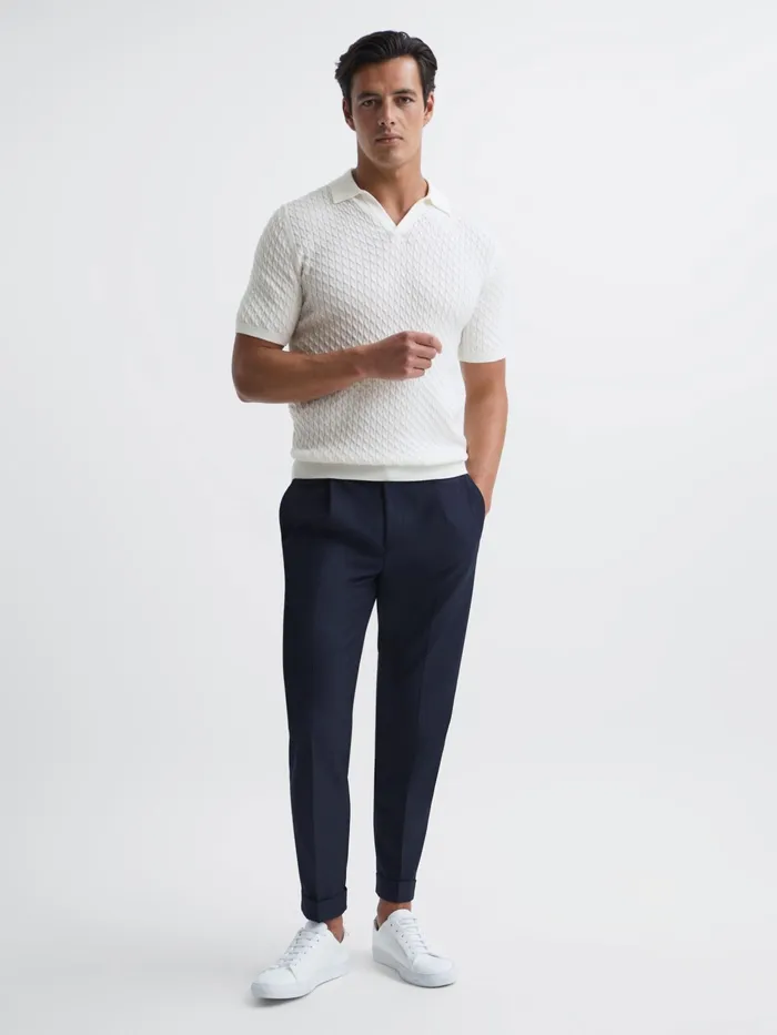 Reiss Knitwear Federico Slim Fit Cable Knit Open Collar Polo Shirt Ecru 8211 Men