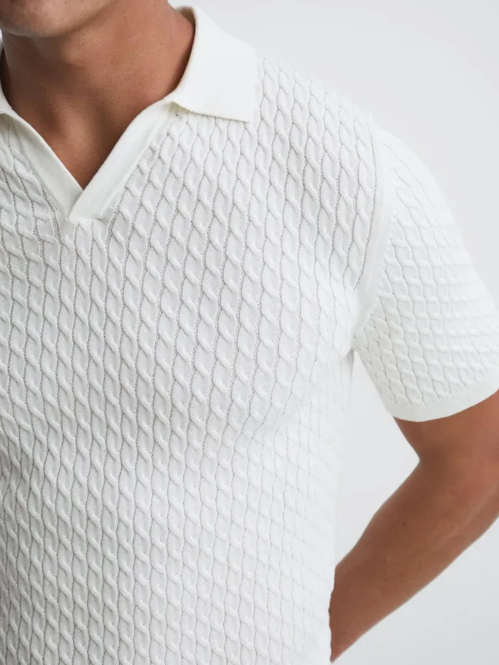 Reiss Knitwear Federico Slim Fit Cable Knit Open Collar Polo Shirt Ecru 8211 Men