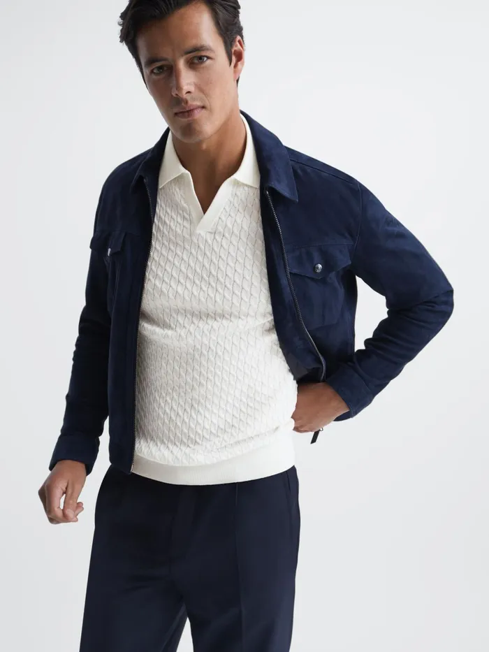 Reiss Knitwear Federico Slim Fit Cable Knit Open Collar Polo Shirt Ecru 8211 Men