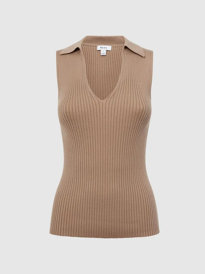 Reiss Knitwear Izzie VNeck Collared Sleeveless Top Camel 8211 Women