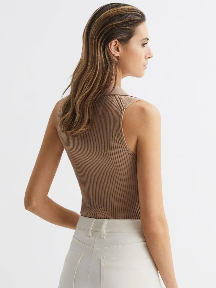 Reiss Knitwear Izzie VNeck Collared Sleeveless Top Camel 8211 Women