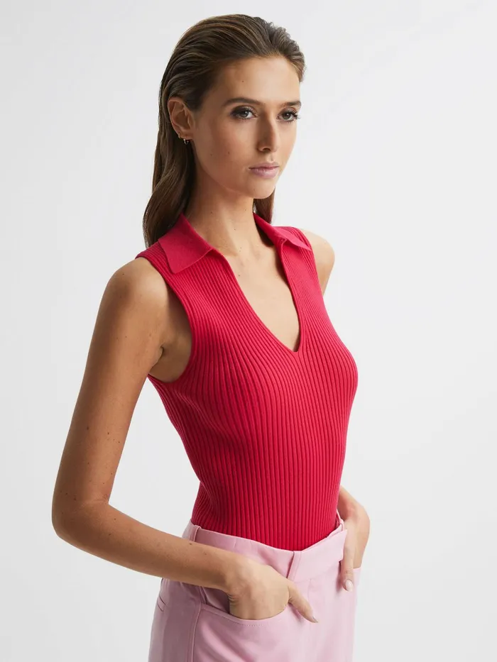 Reiss Knitwear Izzie VNeck Collared Sleeveless Top Pink 8211 Women