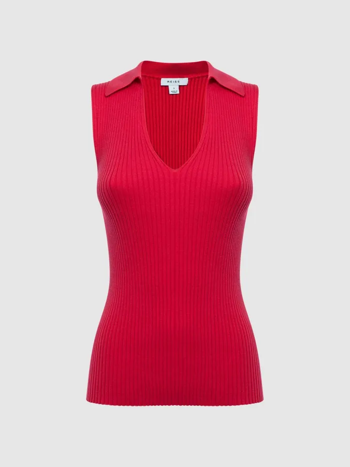 Reiss Knitwear Izzie VNeck Collared Sleeveless Top Pink 8211 Women