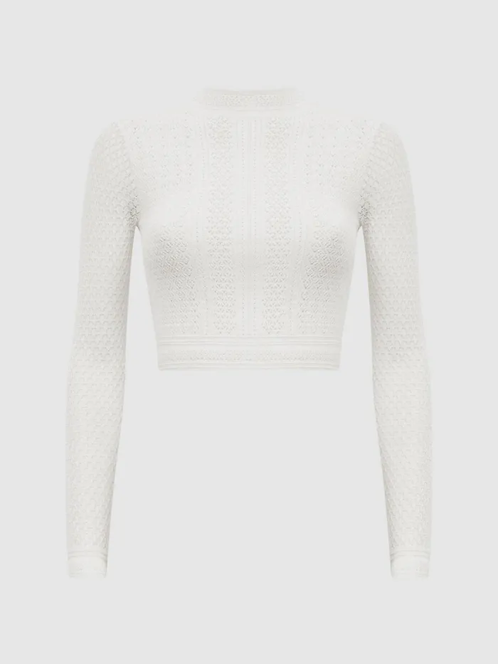 Reiss Knitwear Judy Long Sleeve Crochet Jumper Ivory 8211 Women