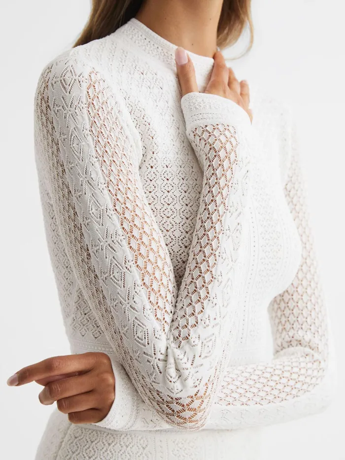 Reiss Knitwear Judy Long Sleeve Crochet Jumper Ivory 8211 Women