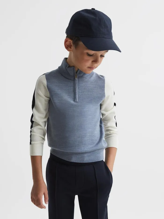 Reiss Knitwear Leo Wool Colourblock Zip Neck Polo Airforce Blue Melange 8211 Children