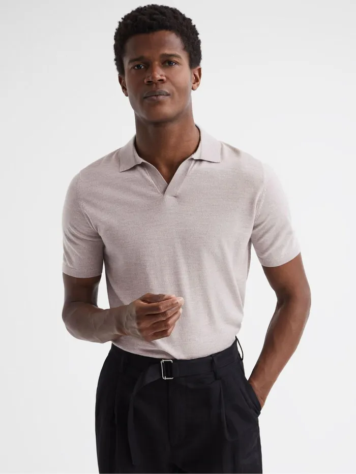 Reiss Knitwear Malbec Open Collar Silk Merino Polo Shirt Oatmeal 8211 Men