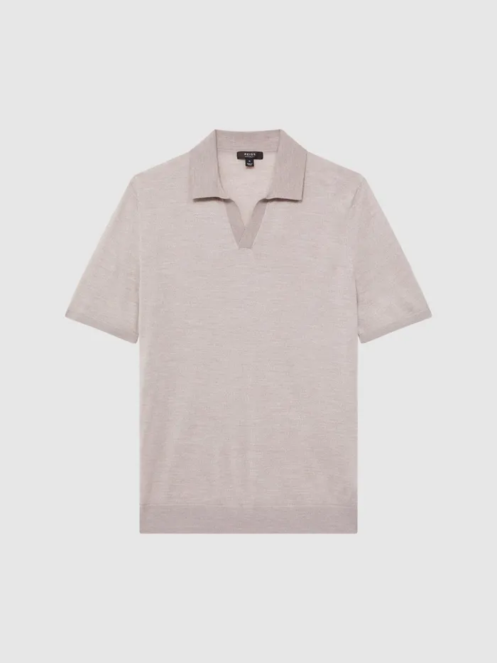 Reiss Knitwear Malbec Open Collar Silk Merino Polo Shirt Oatmeal 8211 Men