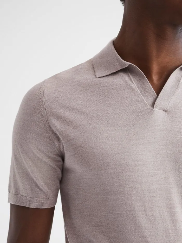 Reiss Knitwear Malbec Open Collar Silk Merino Polo Shirt Oatmeal 8211 Men