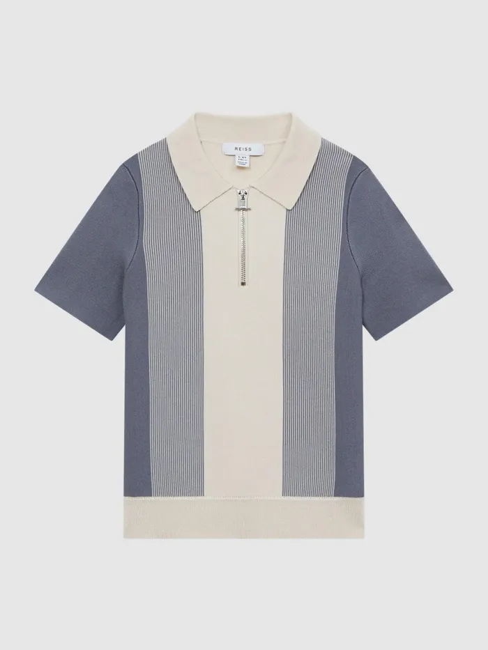 Reiss Knitwear Milton HalfZip Striped Polo TShirt Airforce Blueecru 8211 Children