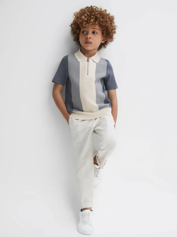 Reiss Knitwear Milton HalfZip Striped Polo TShirt Airforce Blueecru 8211 Children