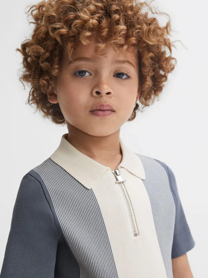 Reiss Knitwear Milton HalfZip Striped Polo TShirt Airforce Blueecru 8211 Children